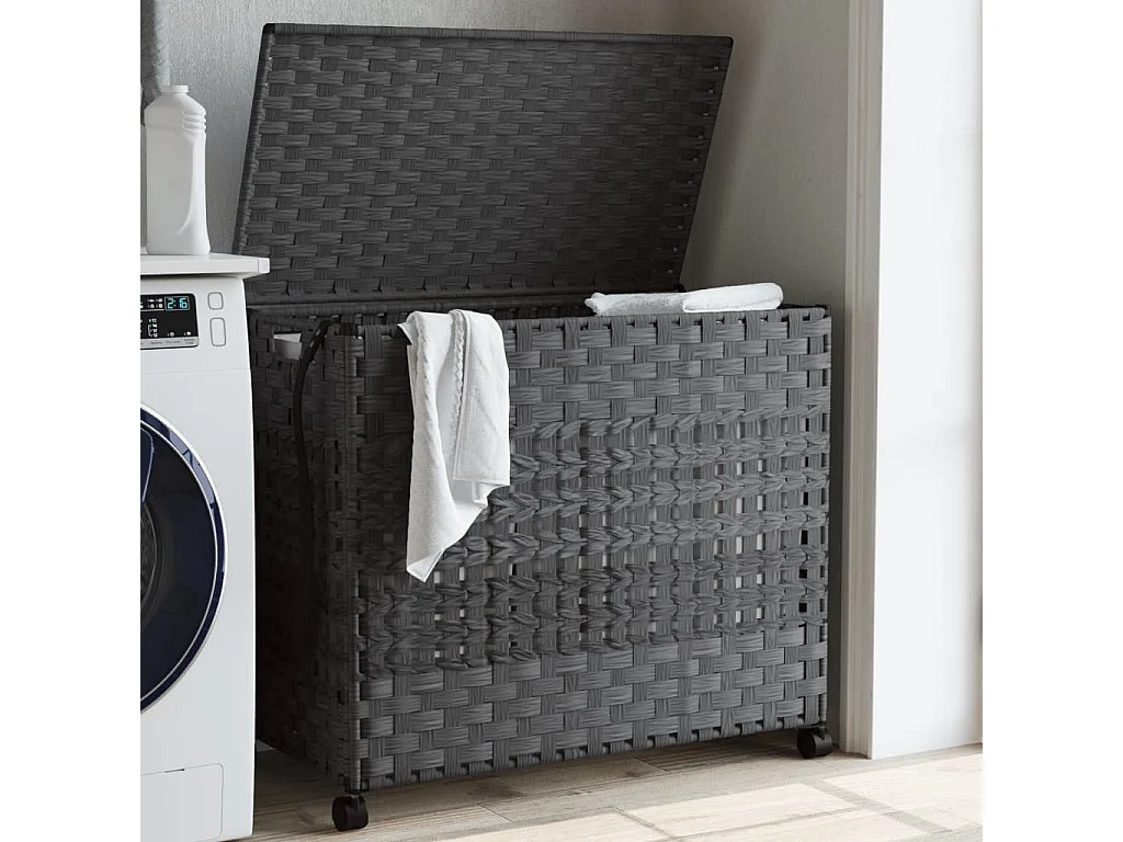 Panier à linge avec roulettes gris 66x35x60 cm résine tressée