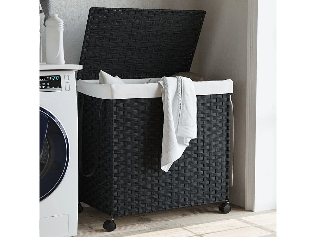 Cesto portabiancheria con ruote nero 60x35x60,5 cm resina intrecciata