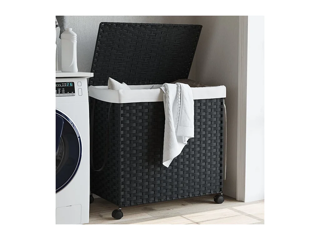 Panier à linge avec roulettes noir 60x35x60,5 cm résine tressée