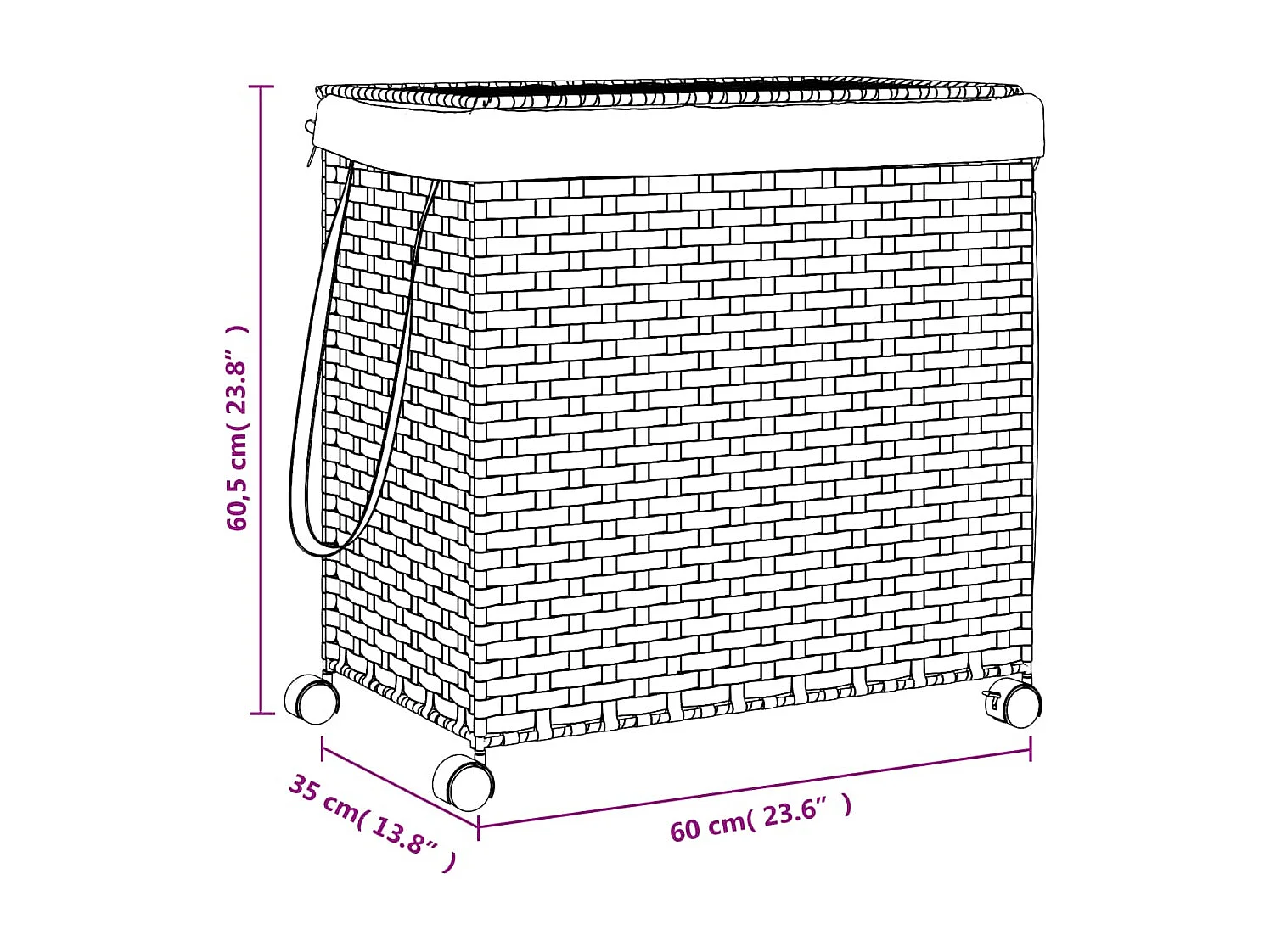 Panier à linge avec roulettes noir 60x35x60,5 cm résine tressée