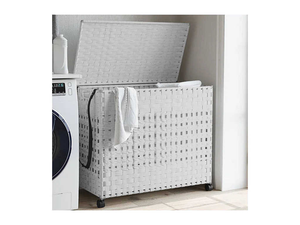 Panier à linge avec roulettes blanc 66x35x60 cm résine tressée