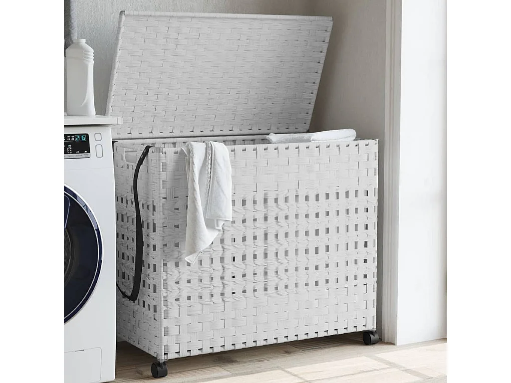 Panier à linge avec roulettes blanc 66x35x60 cm résine tressée