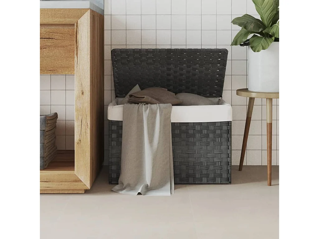 Panier à linge avec couvercle gris 55,5x35x34 cm résine tressée