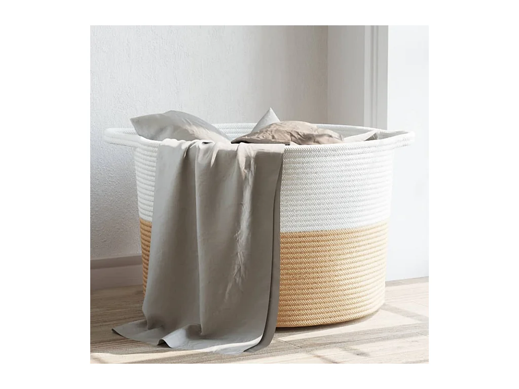 Panier à linge beige et blanc Ø55x36 cm coton