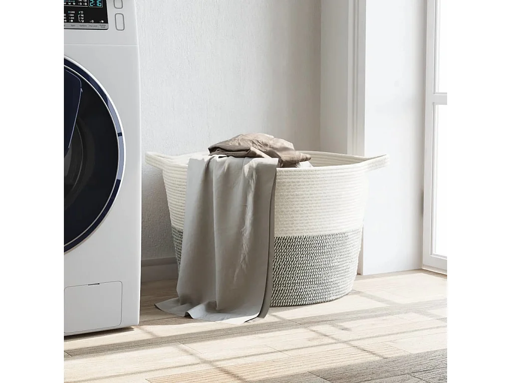 Panier à linge gris et blanc Ø60x36 cm coton