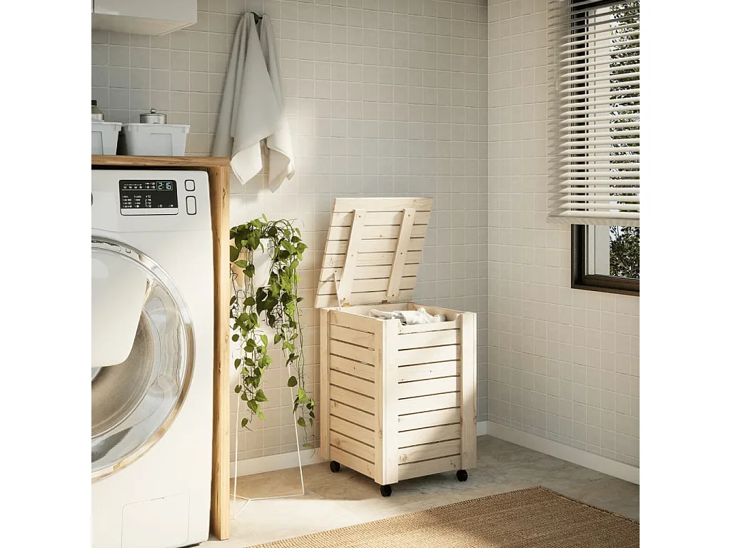 Panier à linge et roulettes RANA 45x45x64 cm bois massif de pin
