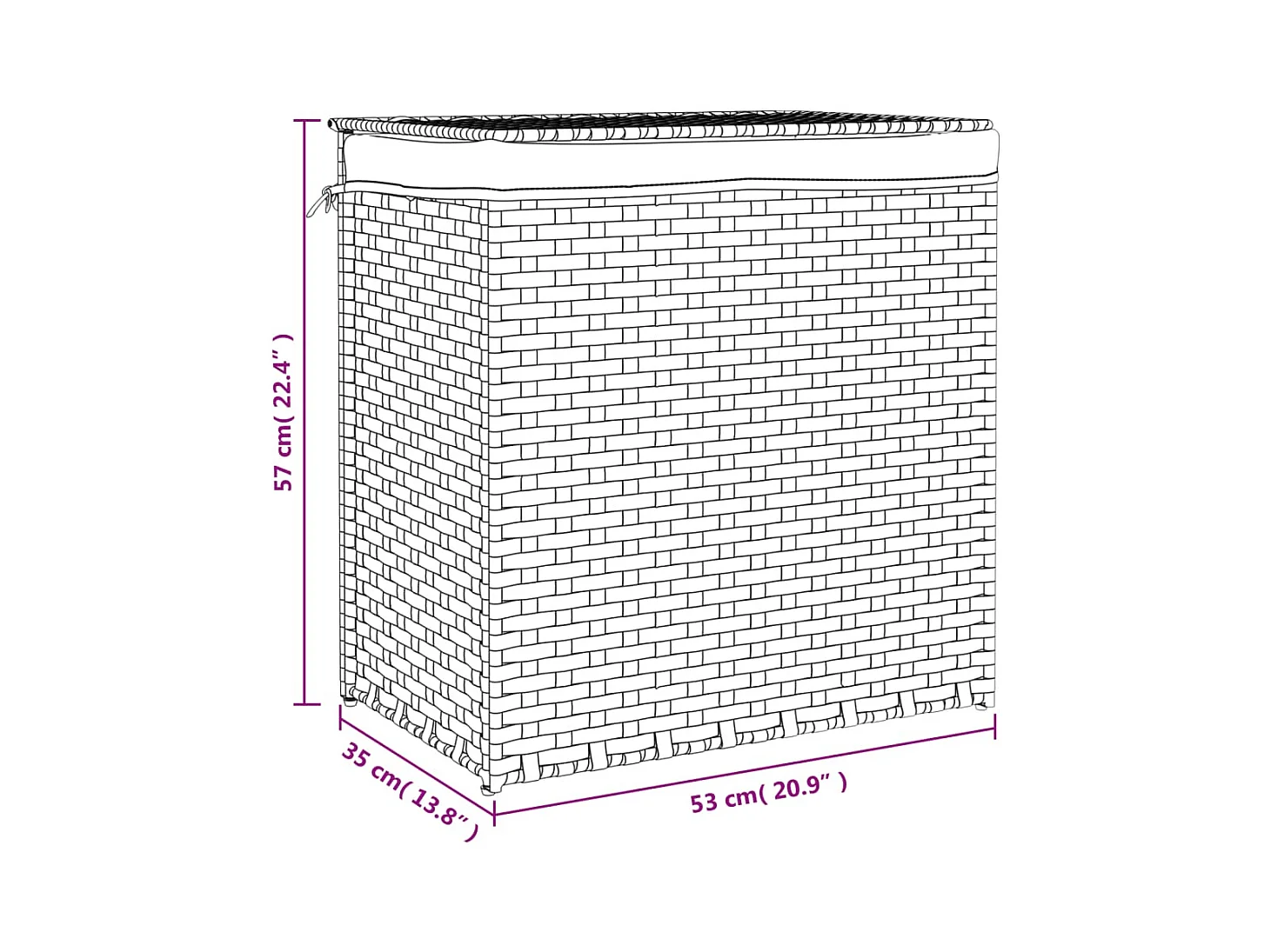 Panier à linge avec 2 sections blanc 53x35x57 cm résine tressée