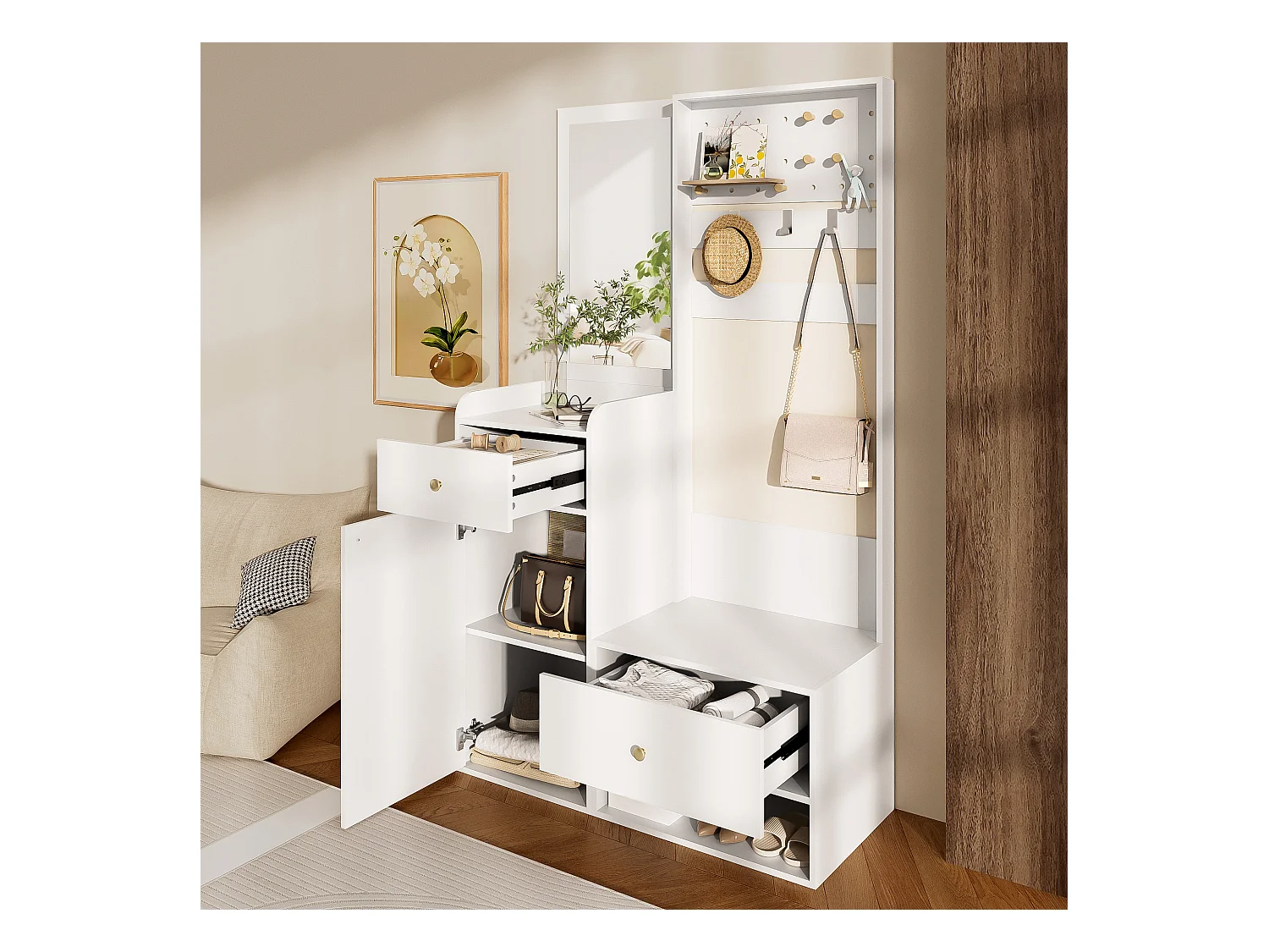 Szafa z lustrem - 105 x 38 x 180 cm - z wieszakami + 2 szuflady + 1 drzwi - płyta wiórowa - biała