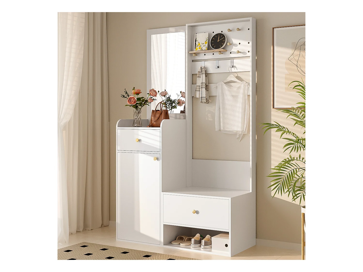 Szafa z lustrem - 105 x 38 x 180 cm - z wieszakami + 2 szuflady + 1 drzwi - płyta wiórowa - biała