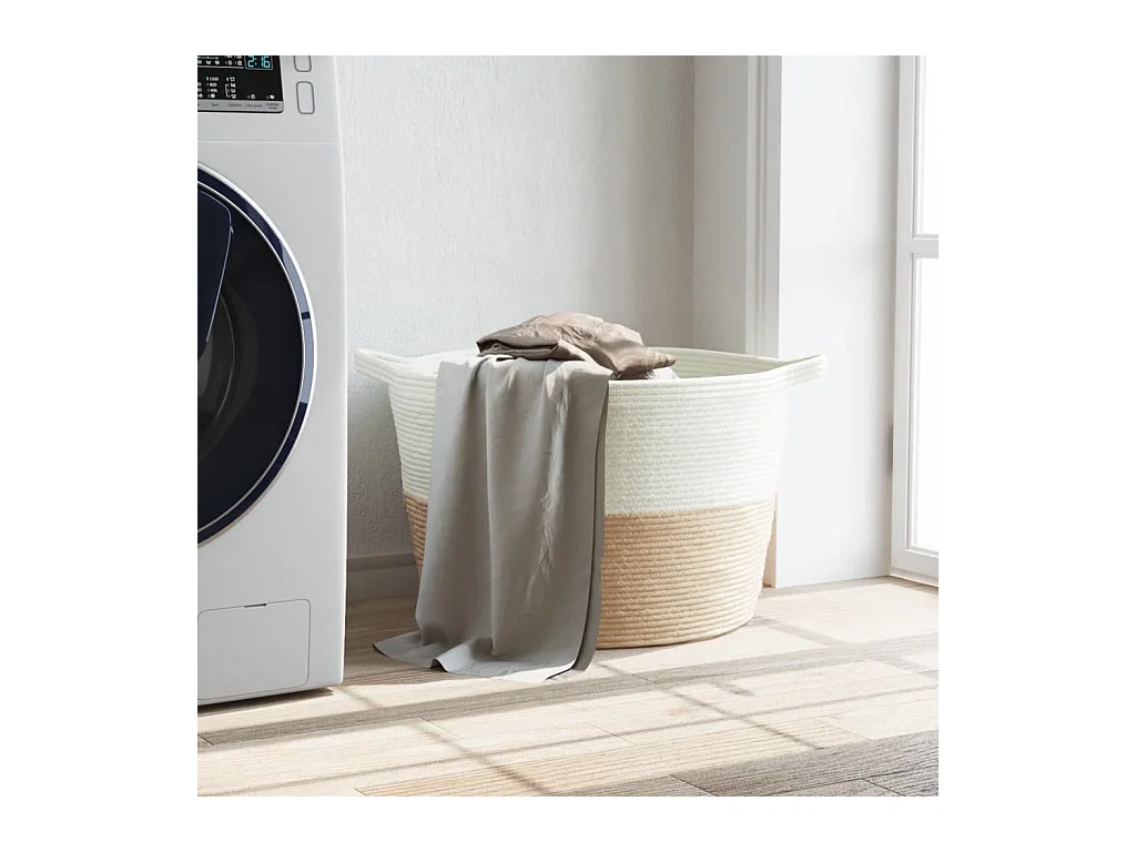 Panier à linge beige et blanc Ø60x36 cm coton