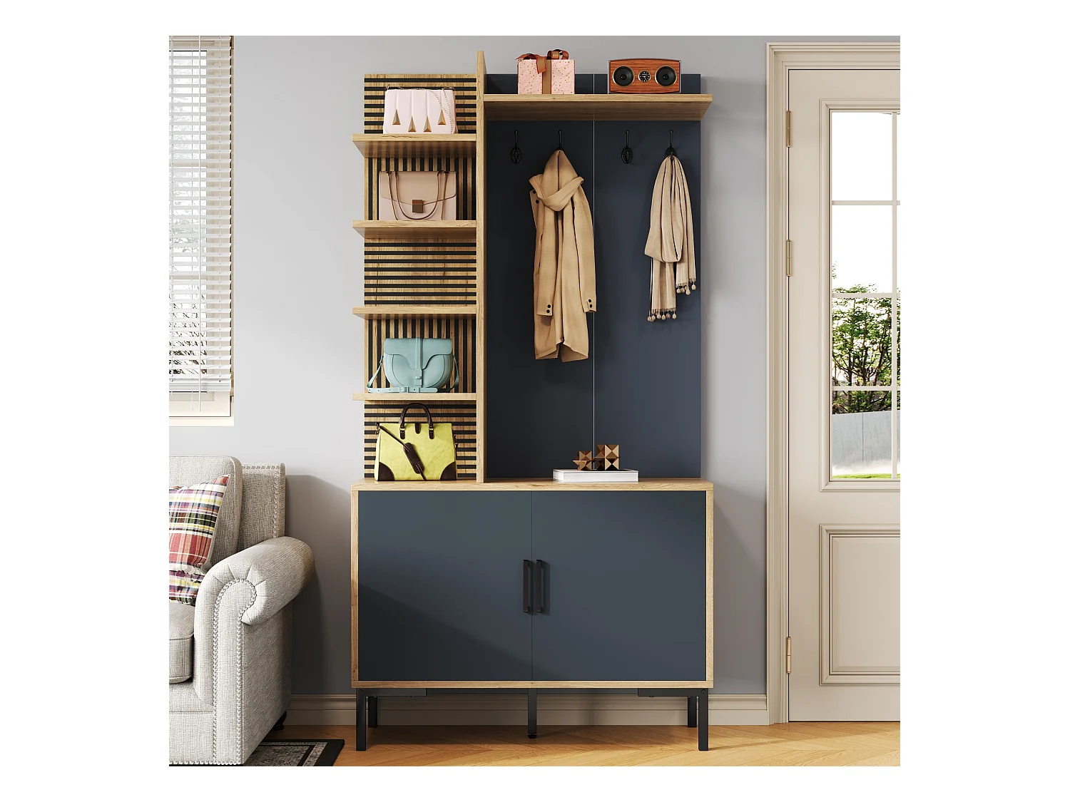 Szafa z lustrem i półkami - 100 x 38,5 x 191 cm - zestaw garderoby - płyta wiórowa - naturalny