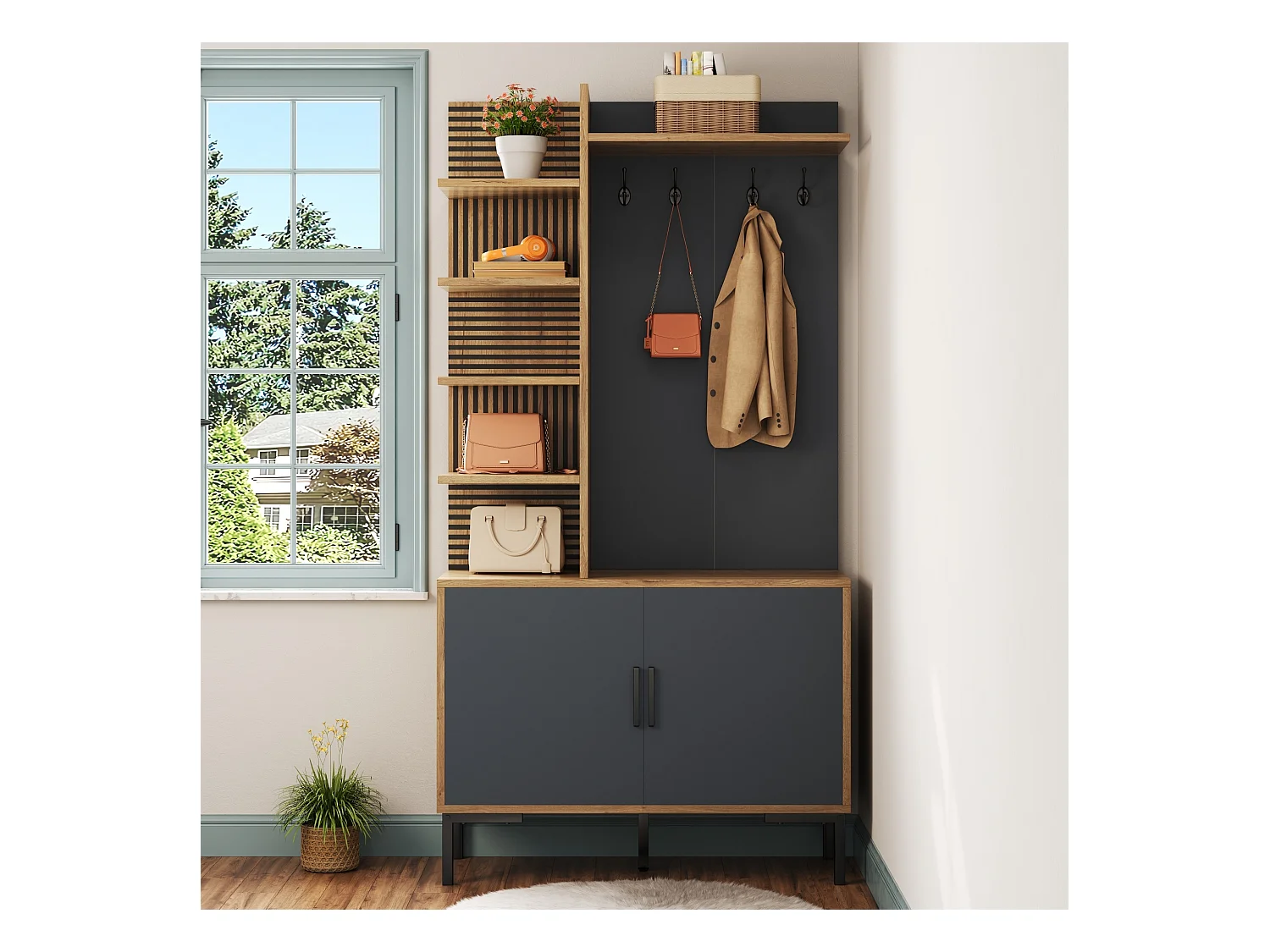 Szafa z lustrem i półkami - 100 x 38,5 x 191 cm - zestaw garderoby - płyta wiórowa - naturalny