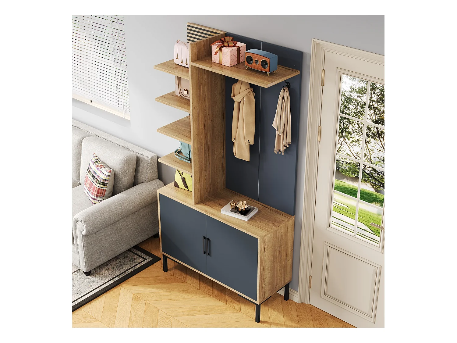 Szafa z lustrem i półkami - 100 x 38,5 x 191 cm - zestaw garderoby - płyta wiórowa - naturalny