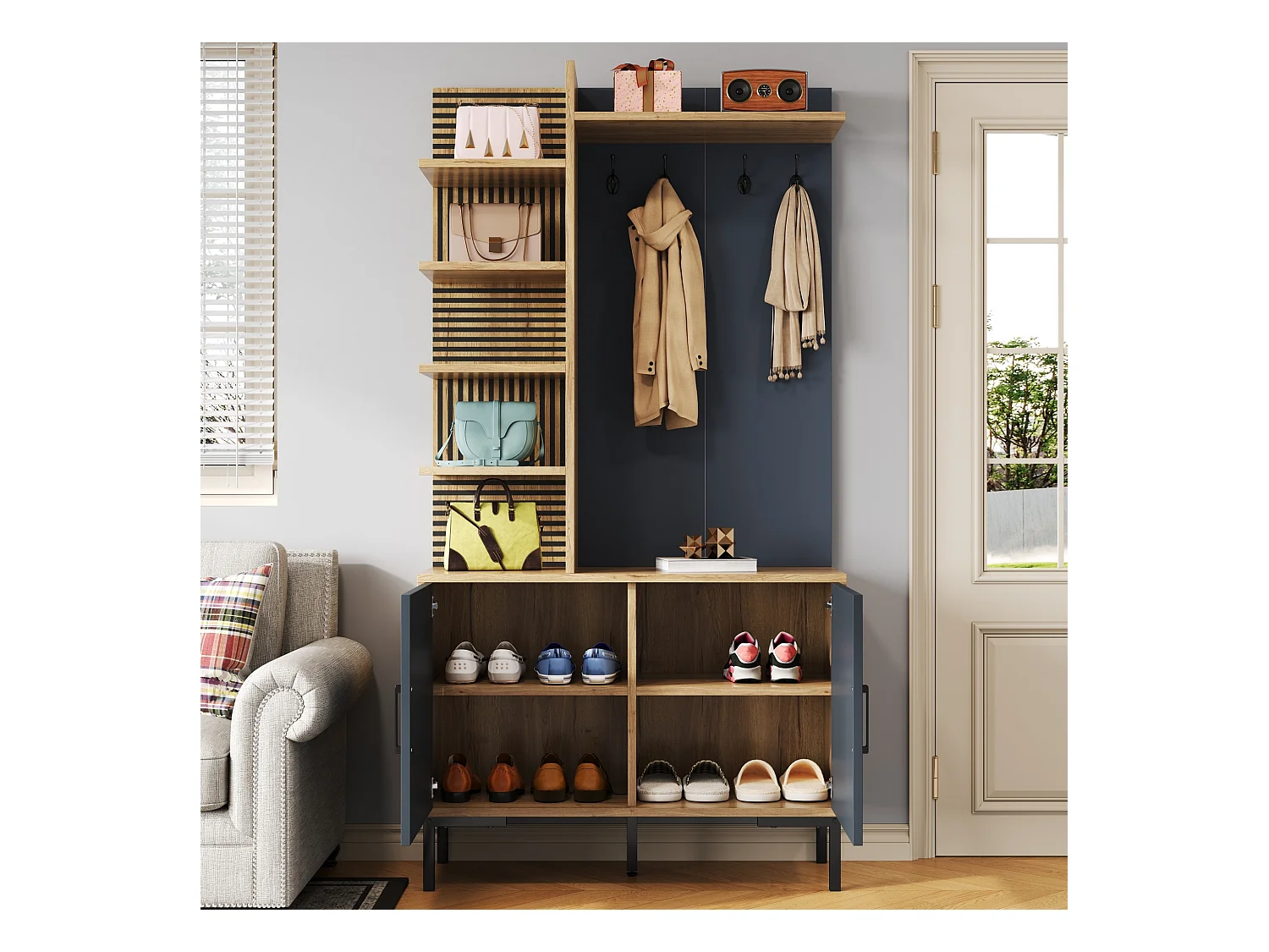 Szafa z lustrem i półkami - 100 x 38,5 x 191 cm - zestaw garderoby - płyta wiórowa - naturalny