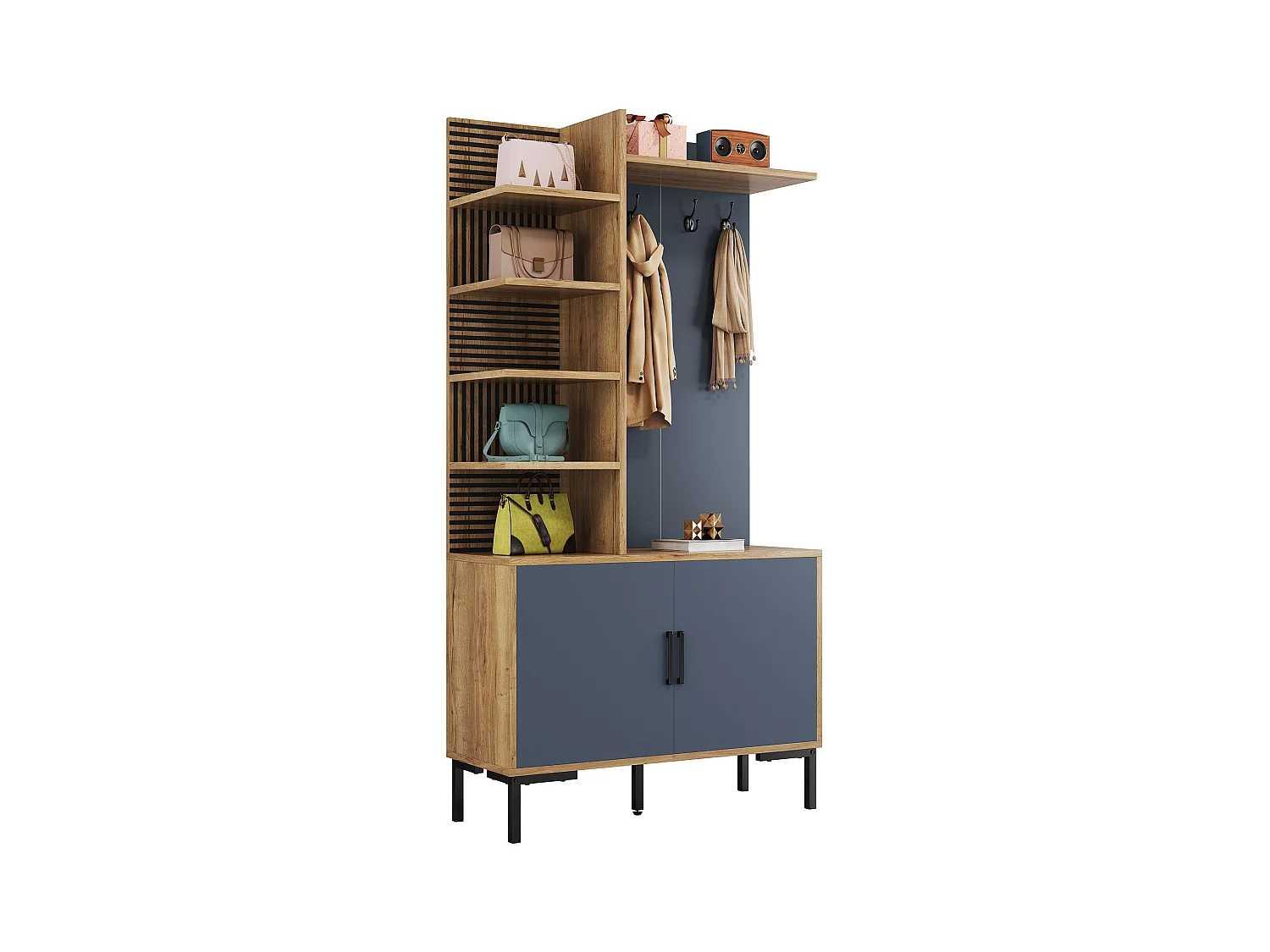 Kleiderschrank mit Spiegel und Einlegeböden - 100 x 38,5 x 191 cm - Garderobenset - Spanplatte - Natur