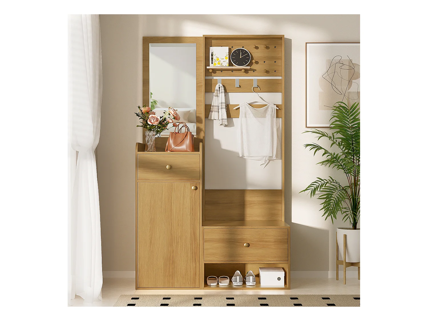 Szafa z lustrem - 105 x 38 x 180 cm - z wieszakami + 2 szuflady + 1 drzwi - płyta wiórowa - naturalna