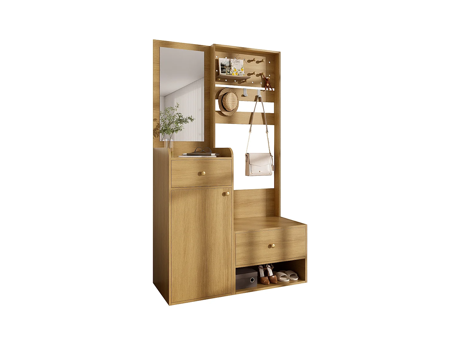 Kleiderschrank mit Spiegel - 105 x 38 x 180 cm - mit Haken + 2 Schubladen + 1 Tür - Spanplatte - Natur