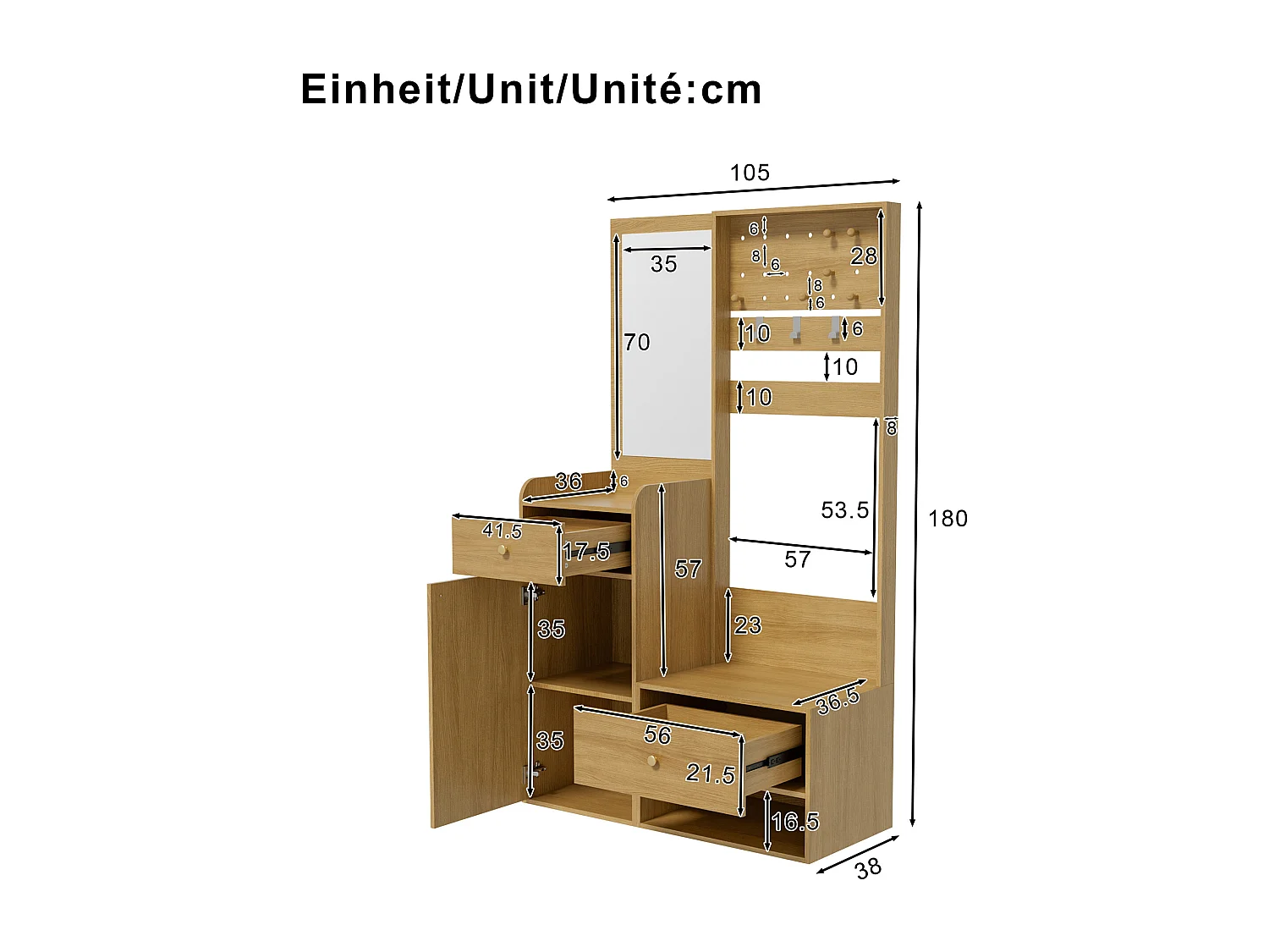 Armadio con specchio - 105 x 38 x 180 cm - con ganci + 2 cassetti + 1 anta - truciolare - naturale