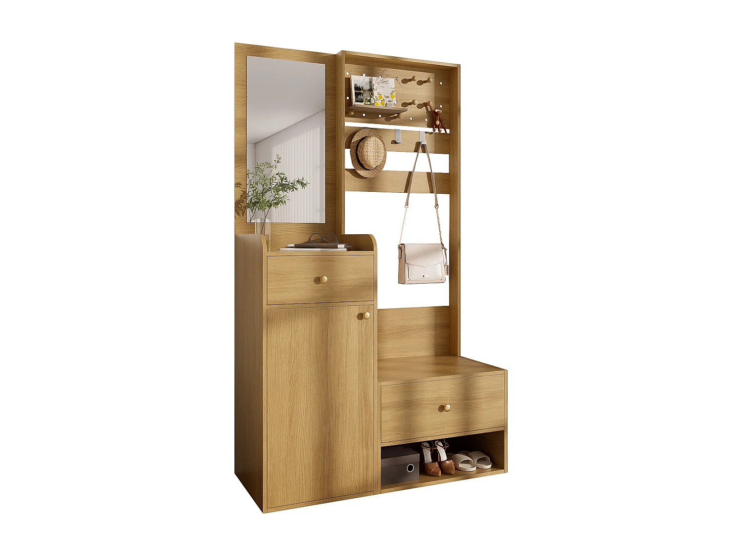 Kleiderschrank mit Spiegel - 105 x 38 x 180 cm - mit Haken + 2 Schubladen + 1 Tür - Spanplatte - Natur