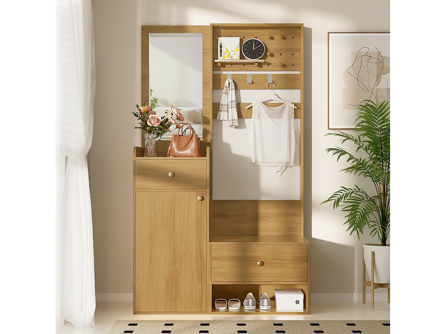 Kleiderschrank mit Spiegel - 105 x 38 x 180 cm - mit Haken + 2 Schubladen + 1 Tür - Spanplatte - Natur