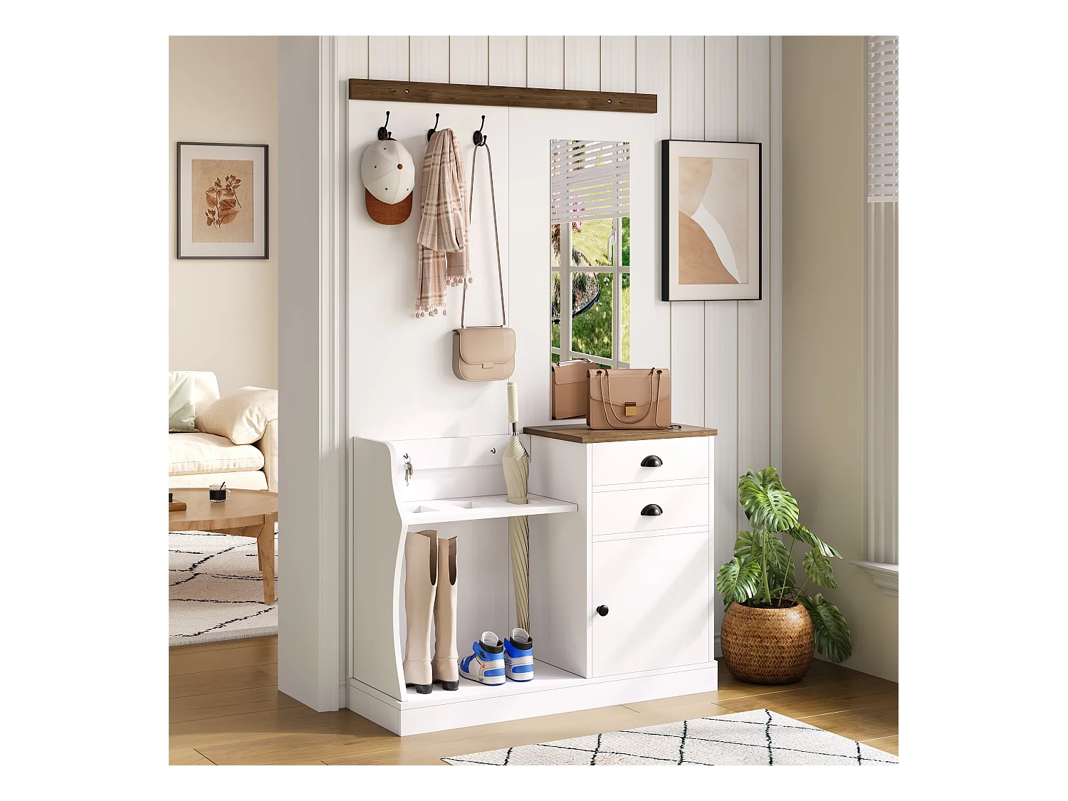 Komplet szaf z lustrem - 110,5 x 38 x 191 cm - z 2 szufladami + 1 drzwiami - płyta wiórowa - biały