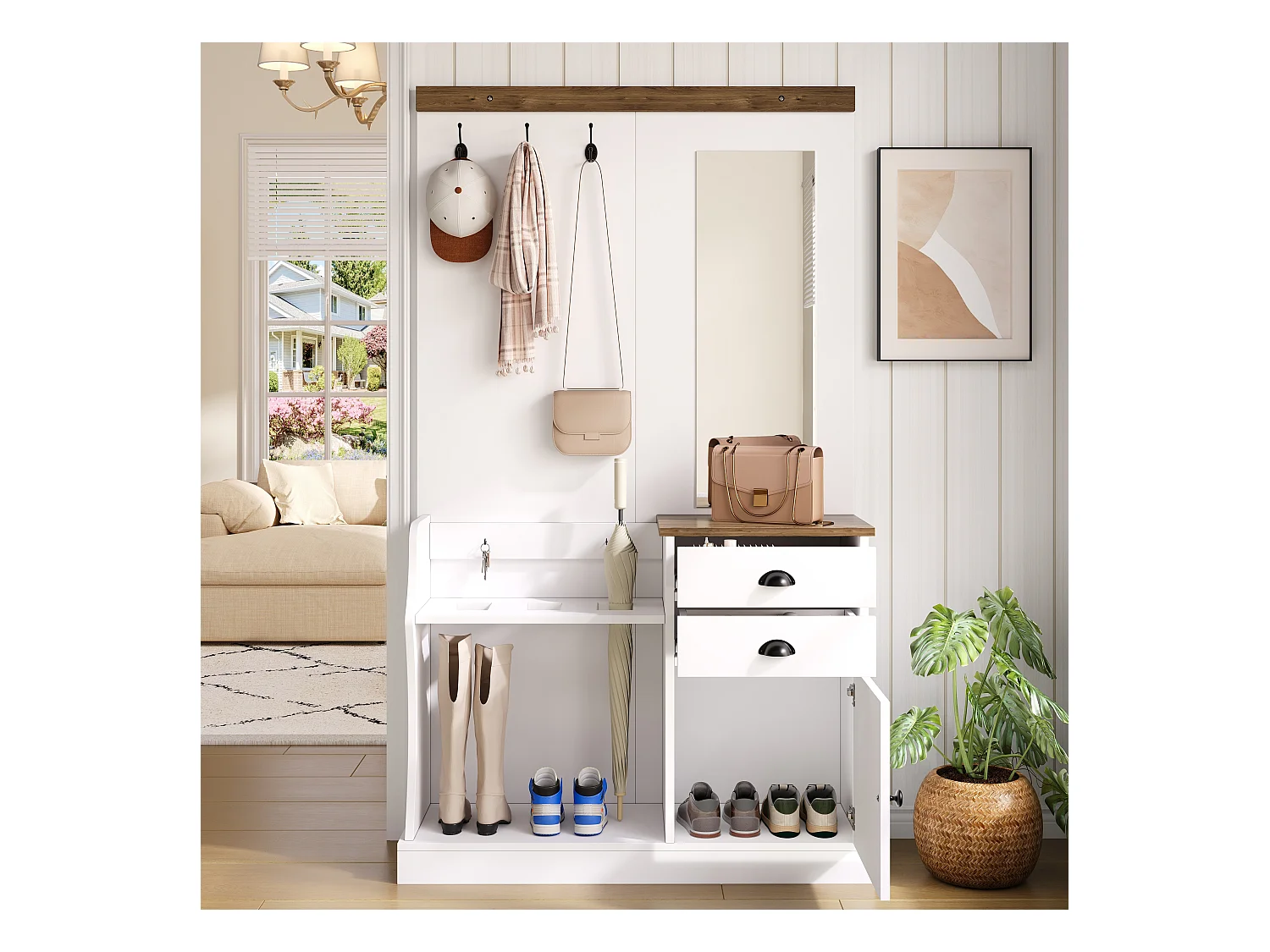 Komplet szaf z lustrem - 110,5 x 38 x 191 cm - z 2 szufladami + 1 drzwiami - płyta wiórowa - biały