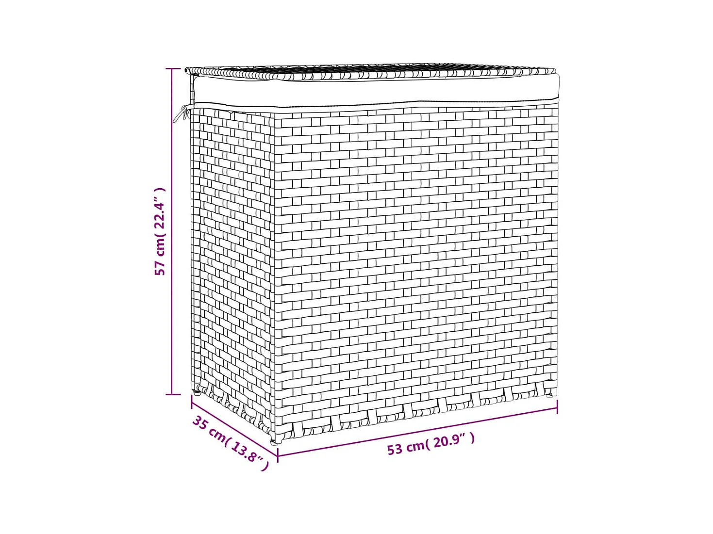 Cesto portabiancheria a 2 scomparti nero 53x35x57 cm in resina intrecciata