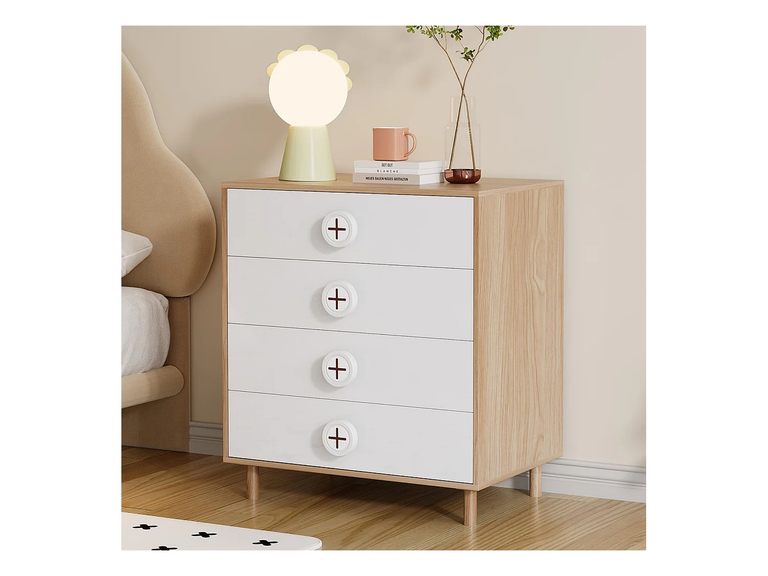 Table de chevet pour enfant - 80 x 54 x 90 cm - avec 4 tiroirs - commode de chambre - MDF + aggloméré - blanc