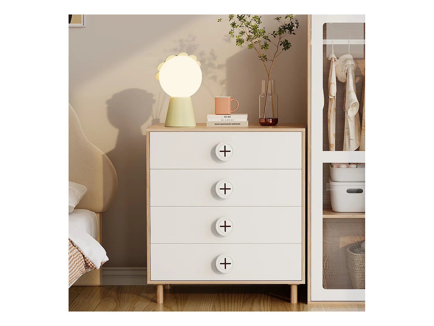 Table de chevet pour enfant - 80 x 54 x 90 cm - avec 4 tiroirs - commode de chambre - MDF + aggloméré - blanc