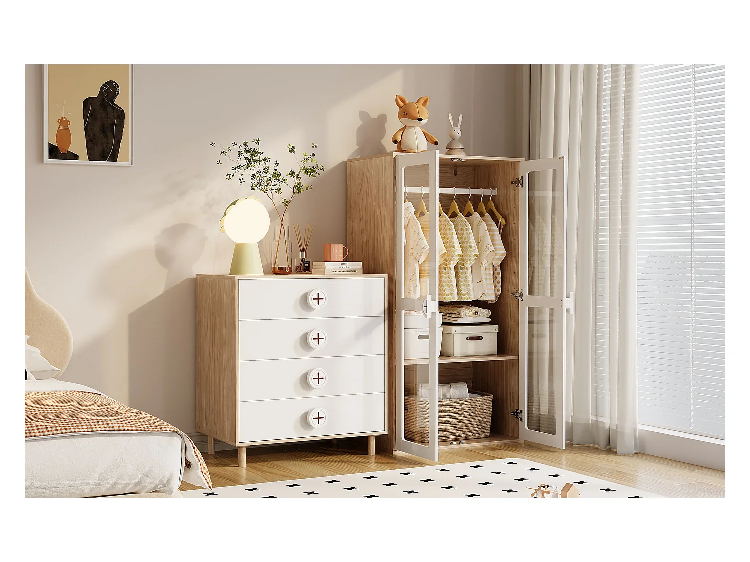 Table de chevet pour enfant - 80 x 54 x 90 cm - avec 4 tiroirs - commode de chambre - MDF + aggloméré - blanc