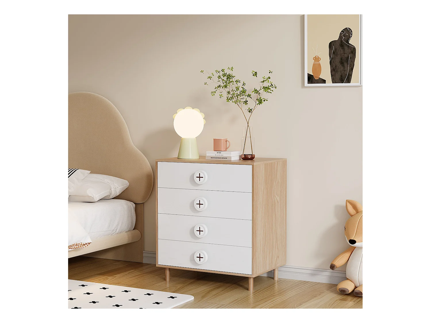 Table de chevet pour enfant - 80 x 54 x 90 cm - avec 4 tiroirs - commode de chambre - MDF + aggloméré - blanc