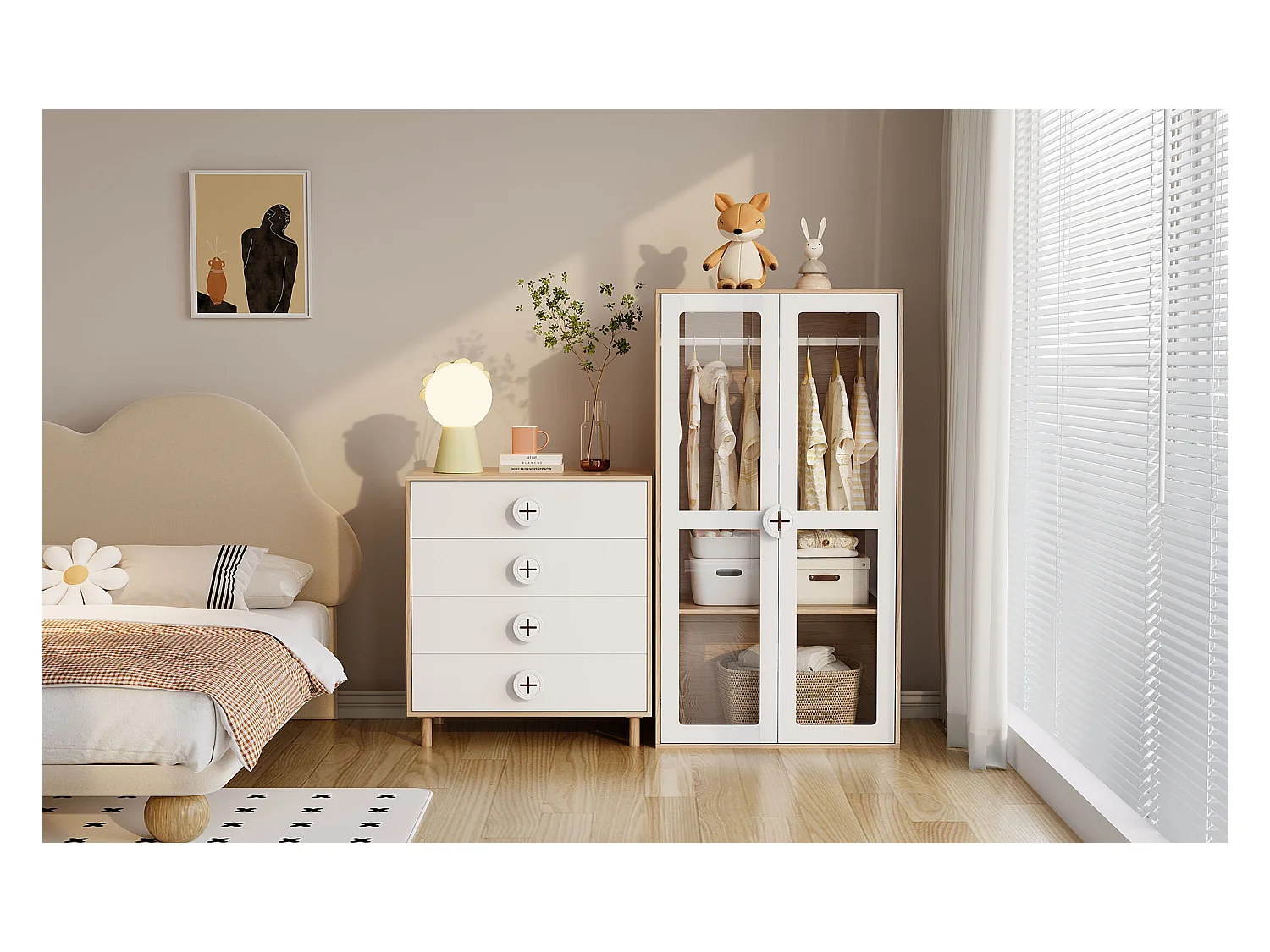 Table de chevet pour enfant - 80 x 54 x 90 cm - avec 4 tiroirs - commode de chambre - MDF + aggloméré - blanc