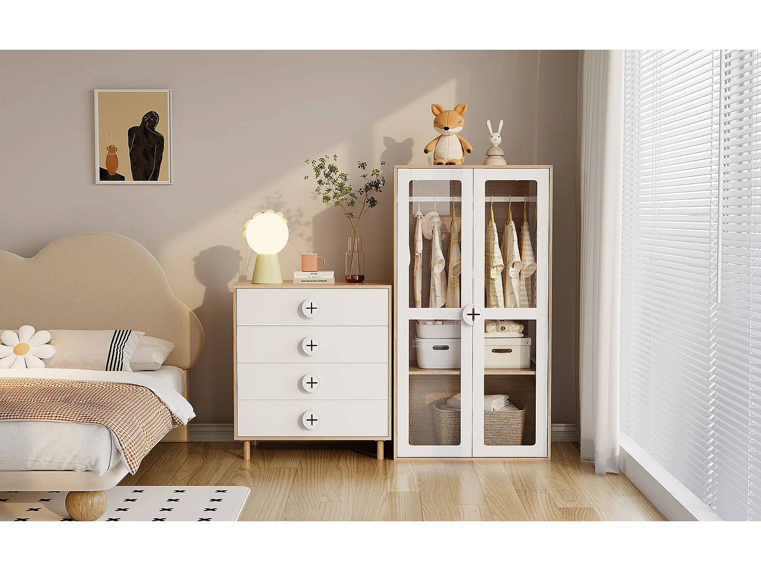 Table de chevet pour enfant - 80 x 54 x 90 cm - avec 4 tiroirs - commode de chambre - MDF + aggloméré - blanc
