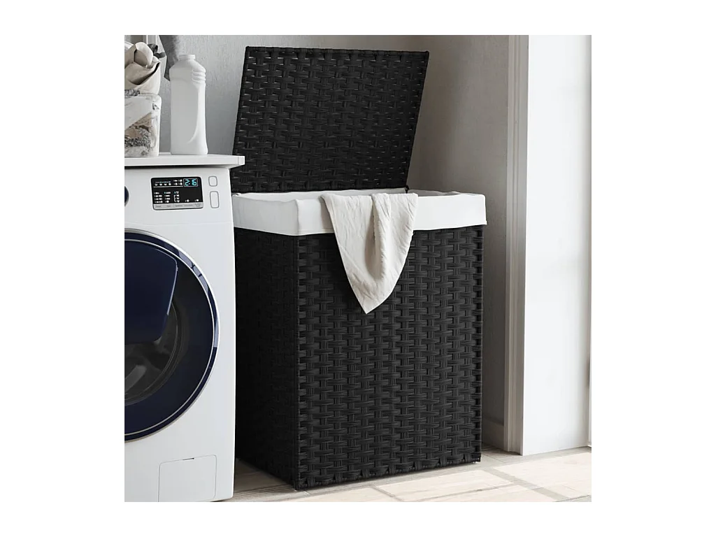 Panier à linge avec couvercle noir 46x33x60 cm résine tressée
