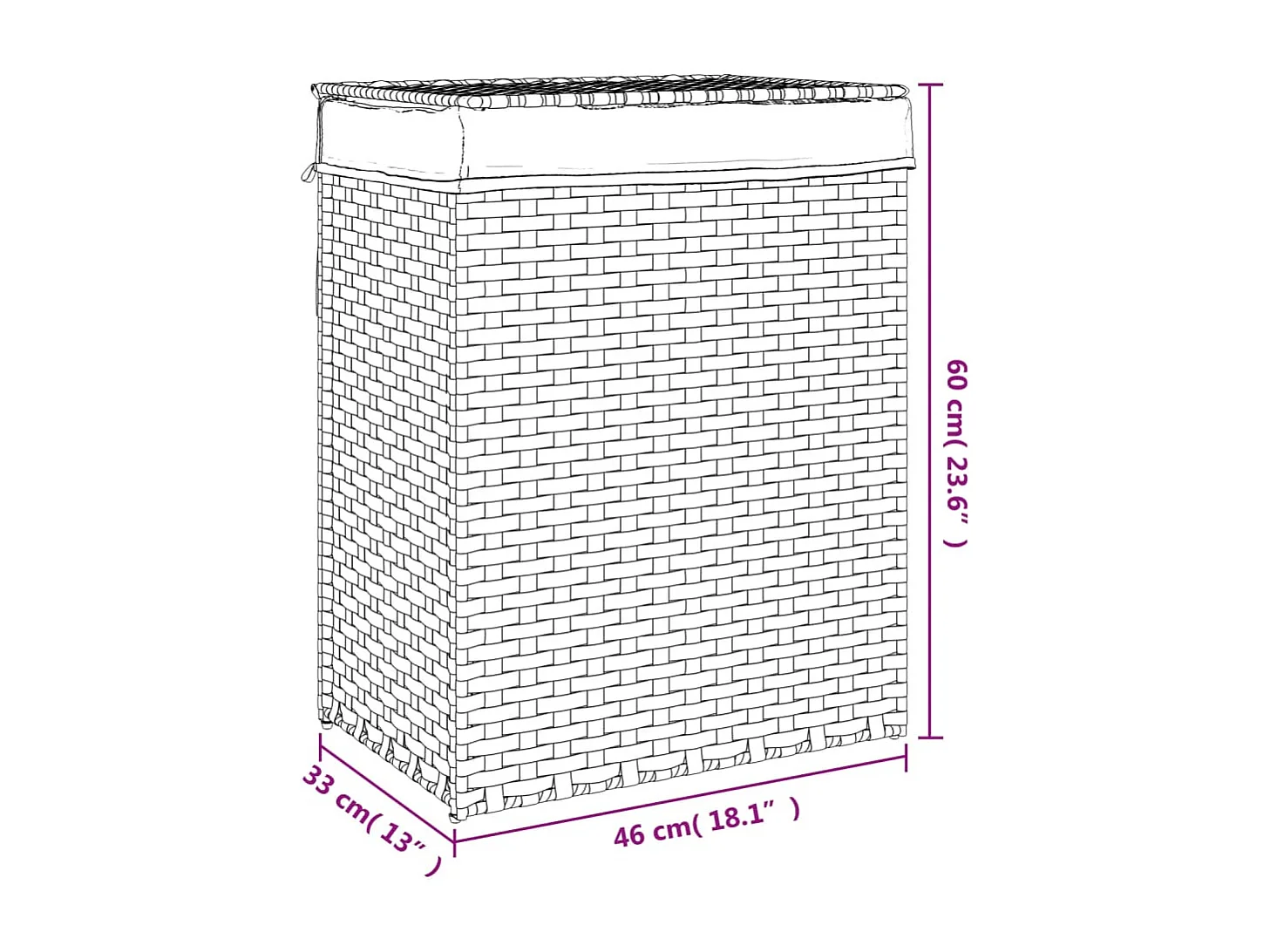 Panier à linge avec couvercle noir 46x33x60 cm résine tressée