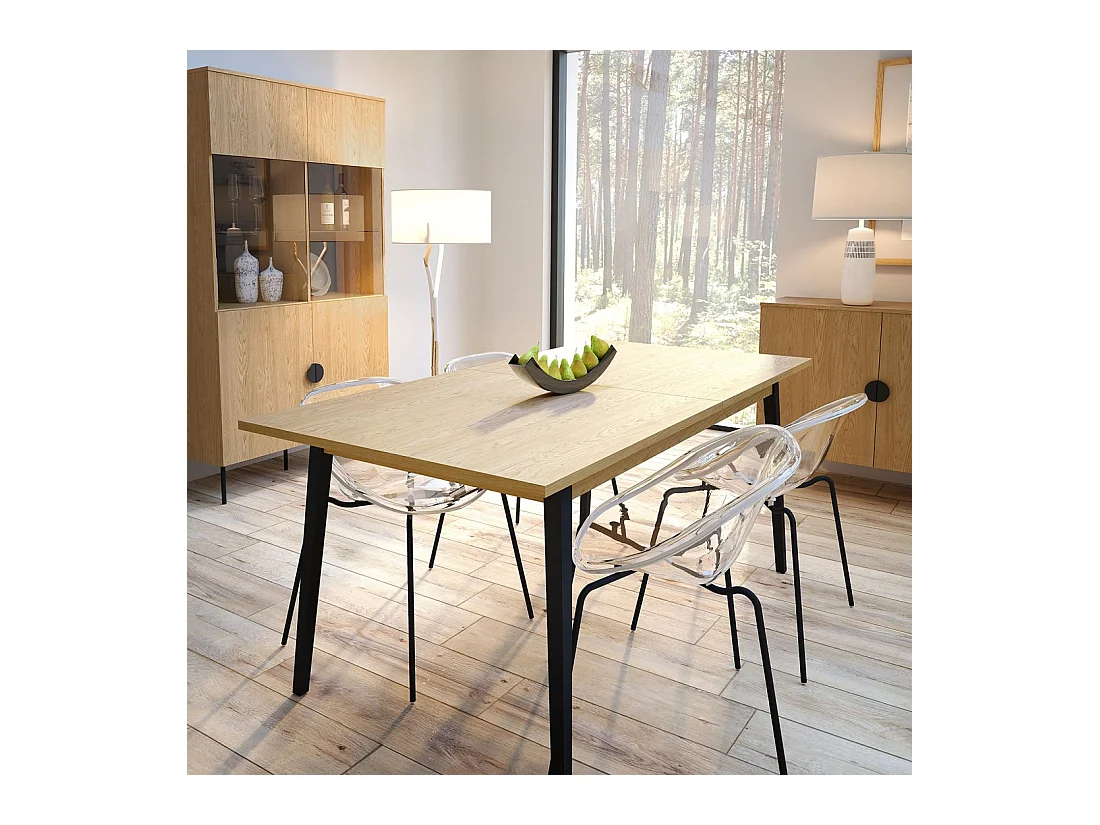 Mesa extensible MONDO – Tablero de roble y patas negras – 160 a 200 cm – Patas inclinadas de metal