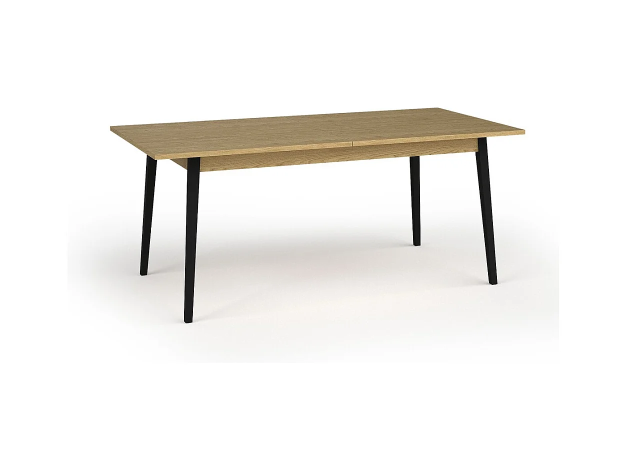 Mesa extensible MONDO – Tablero de roble y patas negras – 160 a 200 cm – Patas inclinadas de metal