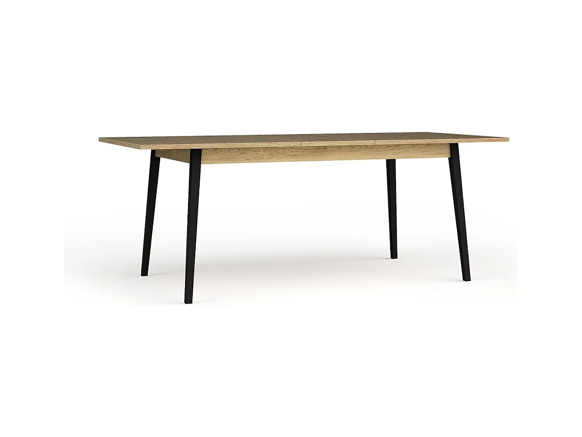 Mesa extensible MONDO – Tablero de roble y patas negras – 160 a 200 cm – Patas inclinadas de metal