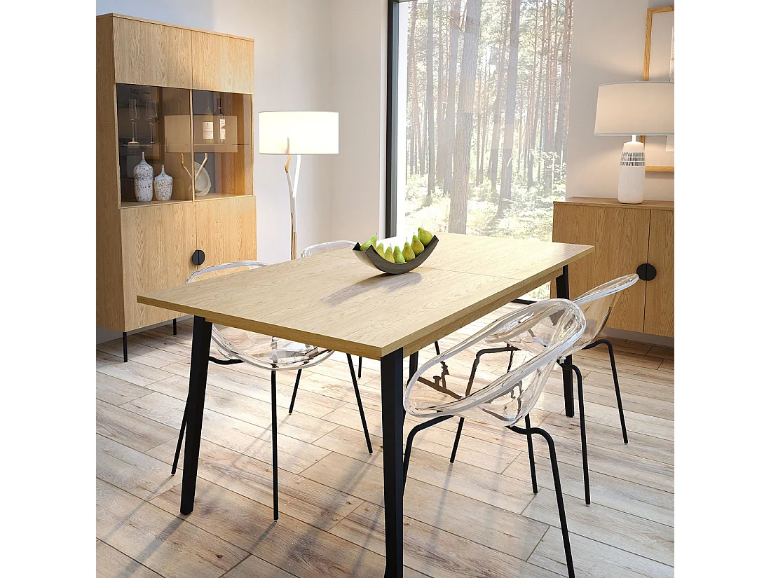 Mesa extensible MONDO – Tablero de roble y patas negras – 160 a 200 cm – Patas inclinadas de metal