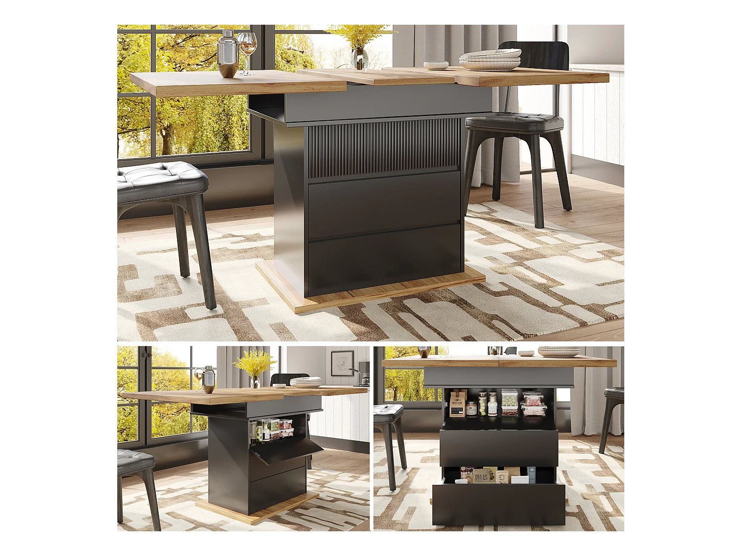 Mesa de comedor extensible (110-140 x 80 cm), plegable para 4-6 personas, con tres niveles de almacenamiento, para cocina y salón, color negro