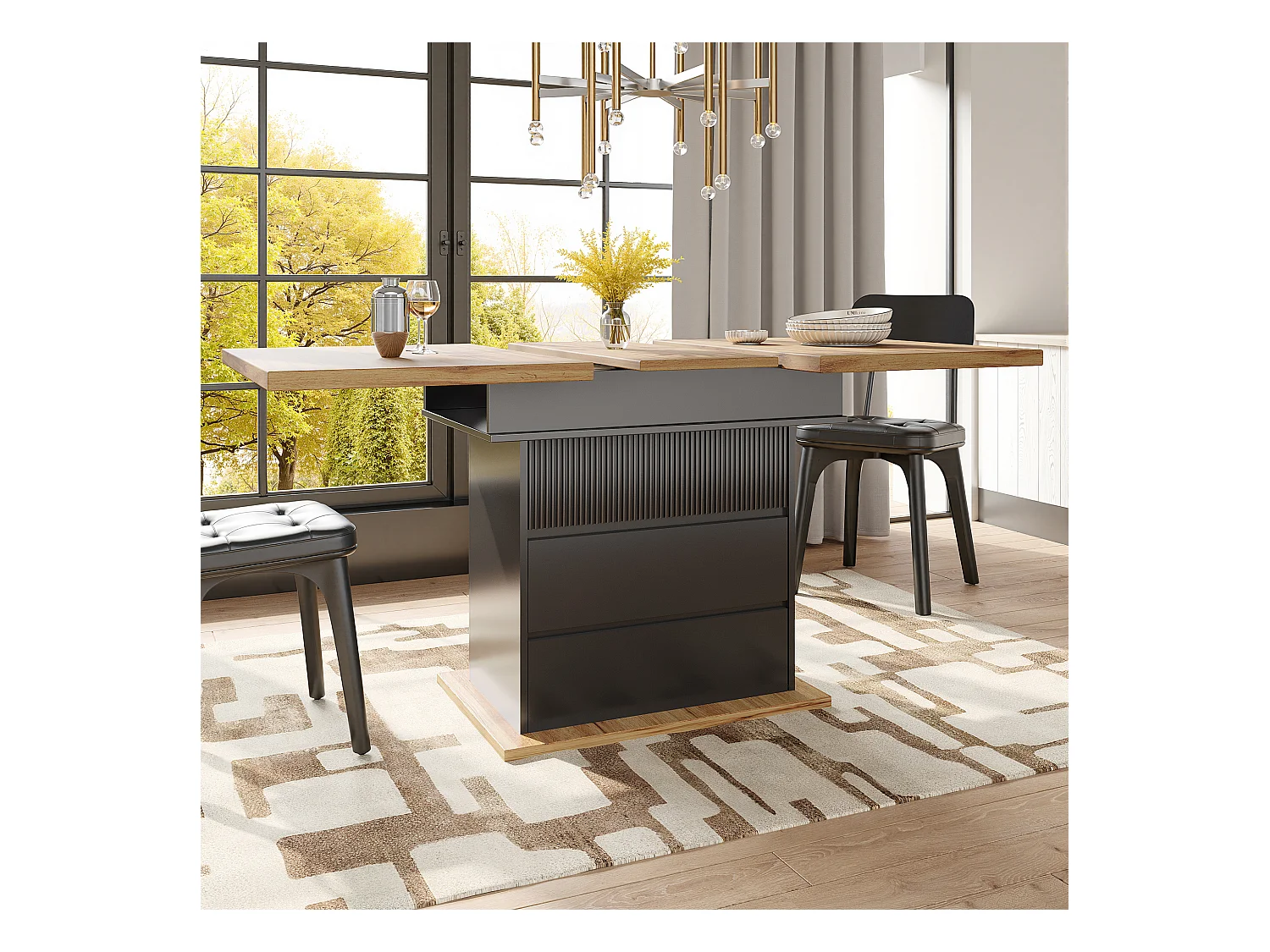 Uitschuifbare eettafel (110-140x80cm), opvouwbare tafel voor 4-6 personen, met drie opbergvakken, voor keuken en woonkamer, zwart