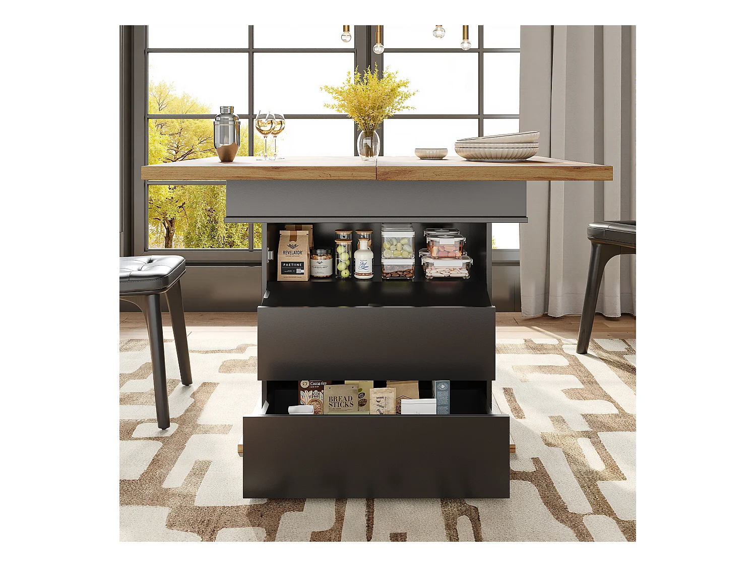 Uitschuifbare eettafel (110-140x80cm), opvouwbare tafel voor 4-6 personen, met drie opbergvakken, voor keuken en woonkamer, zwart