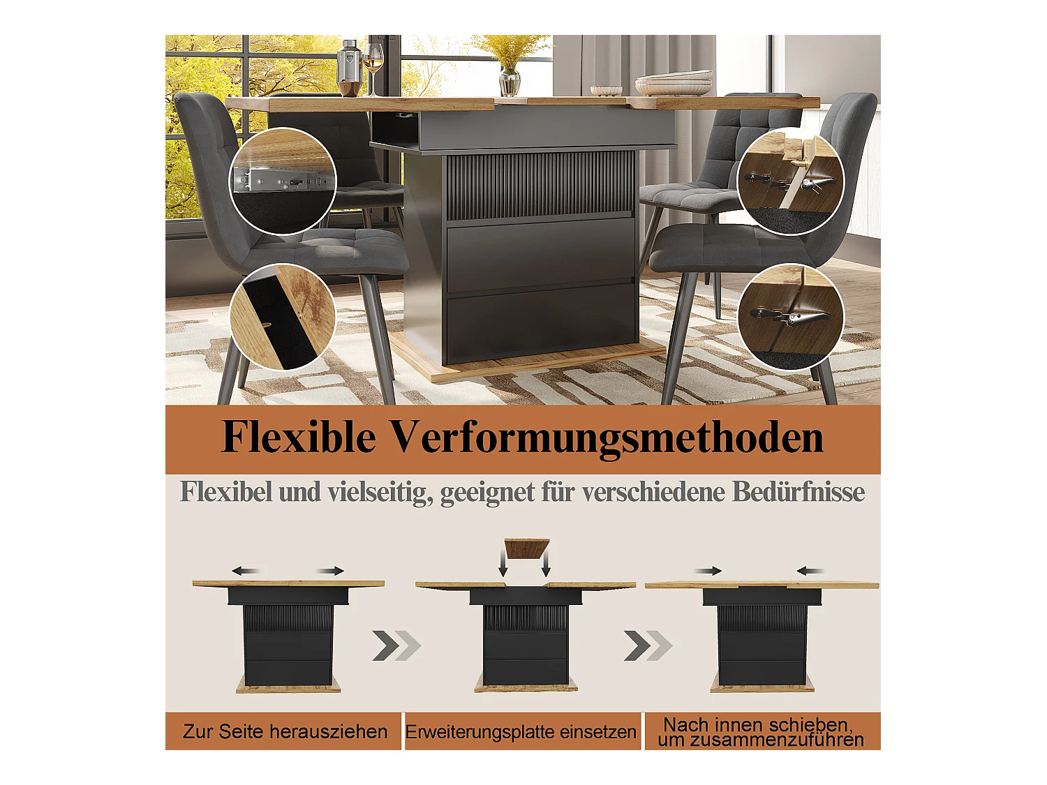 Uitschuifbare eettafel (110-140x80cm), opvouwbare tafel voor 4-6 personen, met drie opbergvakken, voor keuken en woonkamer, zwart