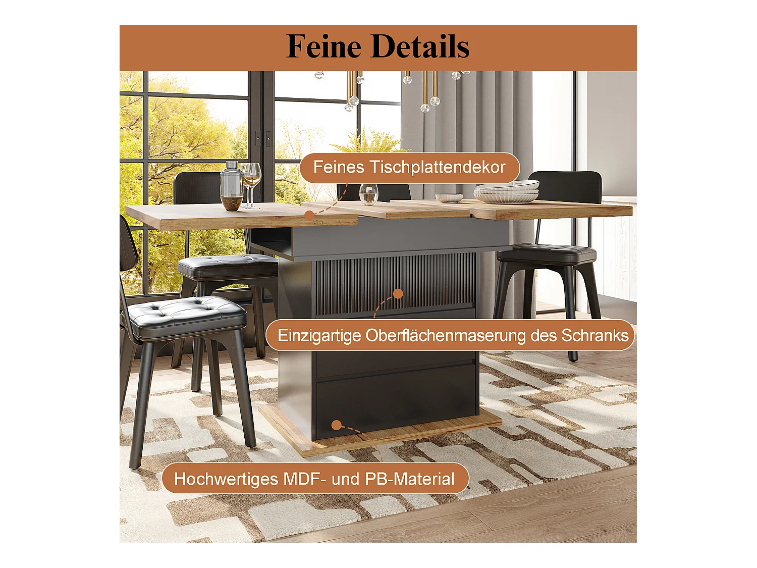 Uitschuifbare eettafel (110-140x80cm), opvouwbare tafel voor 4-6 personen, met drie opbergvakken, voor keuken en woonkamer, zwart