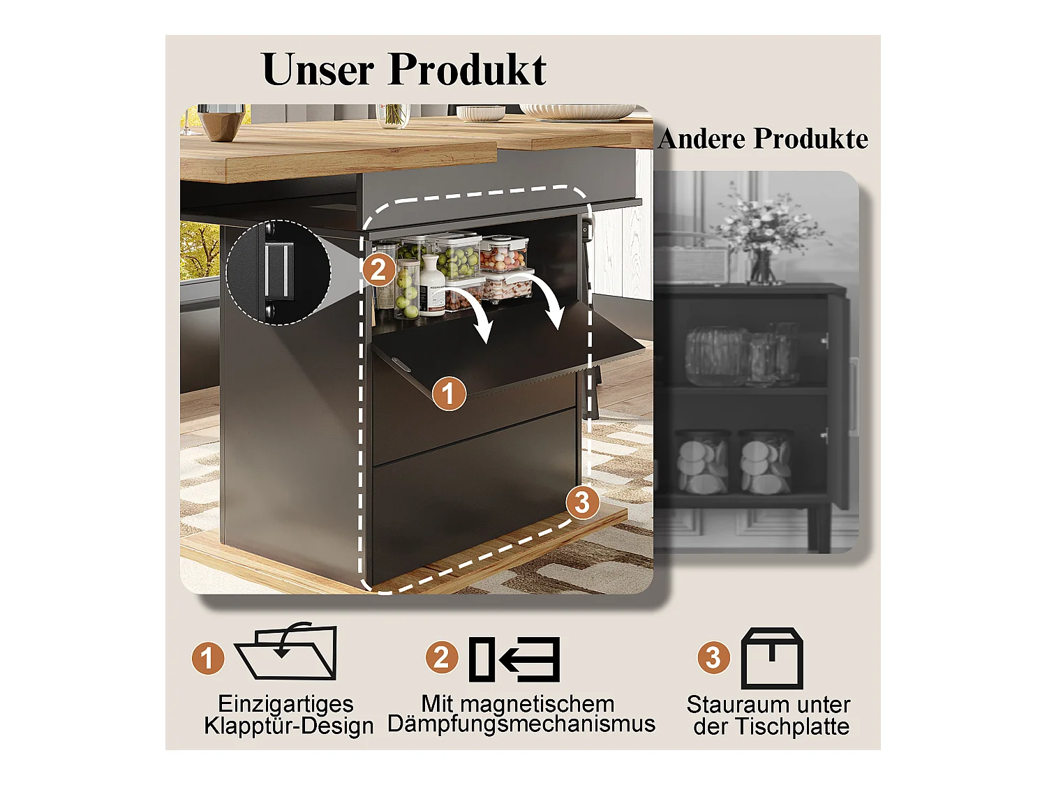 Uitschuifbare eettafel (110-140x80cm), opvouwbare tafel voor 4-6 personen, met drie opbergvakken, voor keuken en woonkamer, zwart