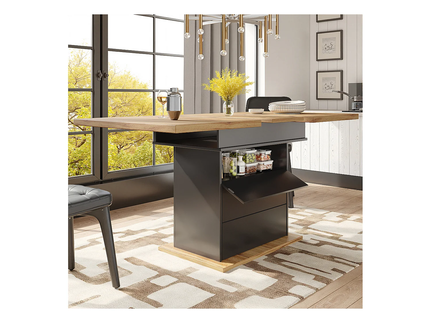 Uitschuifbare eettafel (110-140x80cm), opvouwbare tafel voor 4-6 personen, met drie opbergvakken, voor keuken en woonkamer, zwart