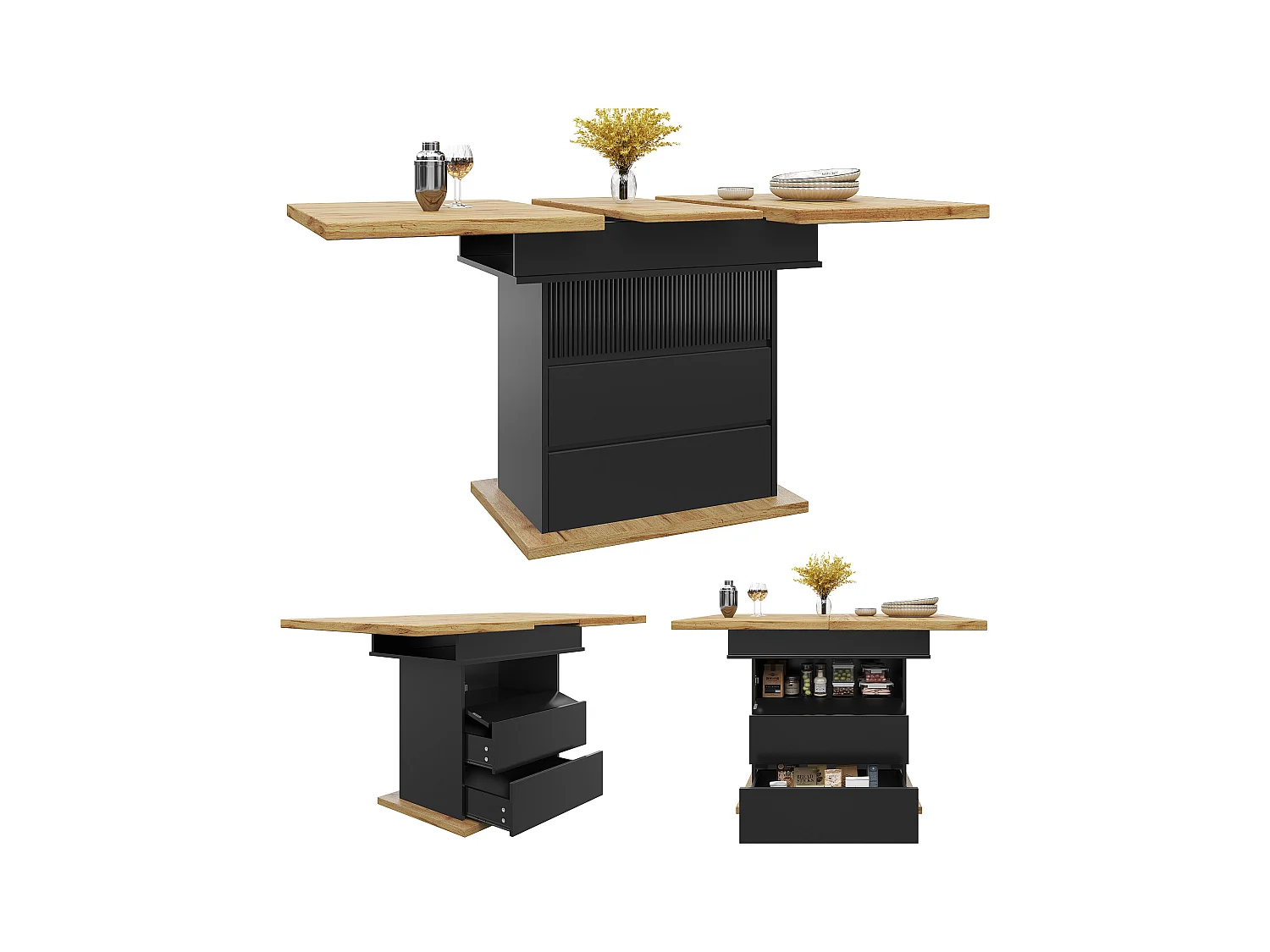 Uitschuifbare eettafel (110-140x80cm), opvouwbare tafel voor 4-6 personen, met drie opbergvakken, voor keuken en woonkamer, zwart