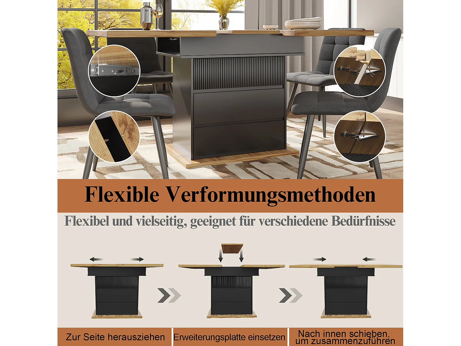 Table de salle à manger extensible (110-140x80cm), table pliable pour 4-6 personnes, avec trois niveaux de rangement, pour cuisine et salon, noir