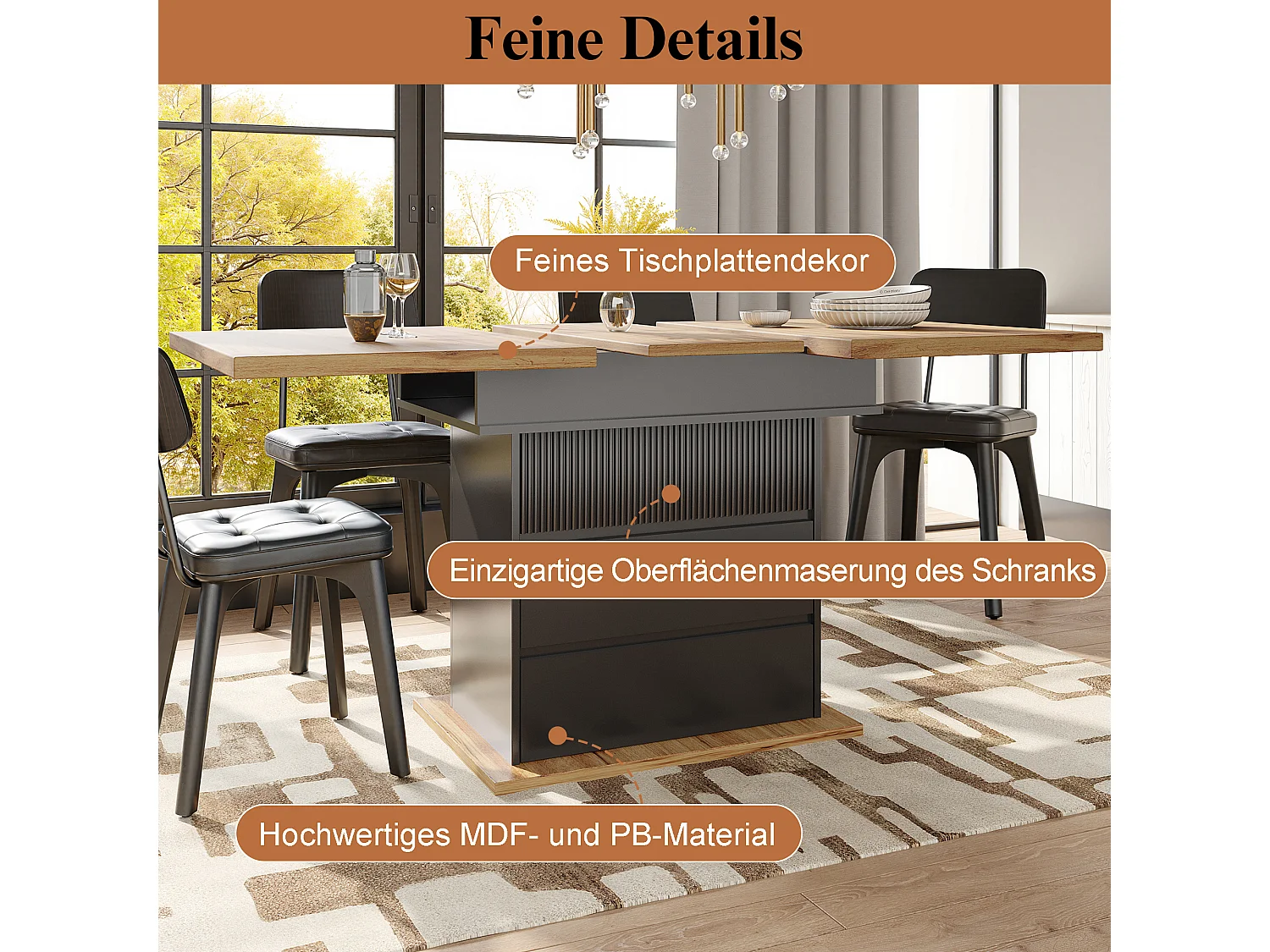 Table de salle à manger extensible (110-140x80cm), table pliable pour 4-6 personnes, avec trois niveaux de rangement, pour cuisine et salon, noir