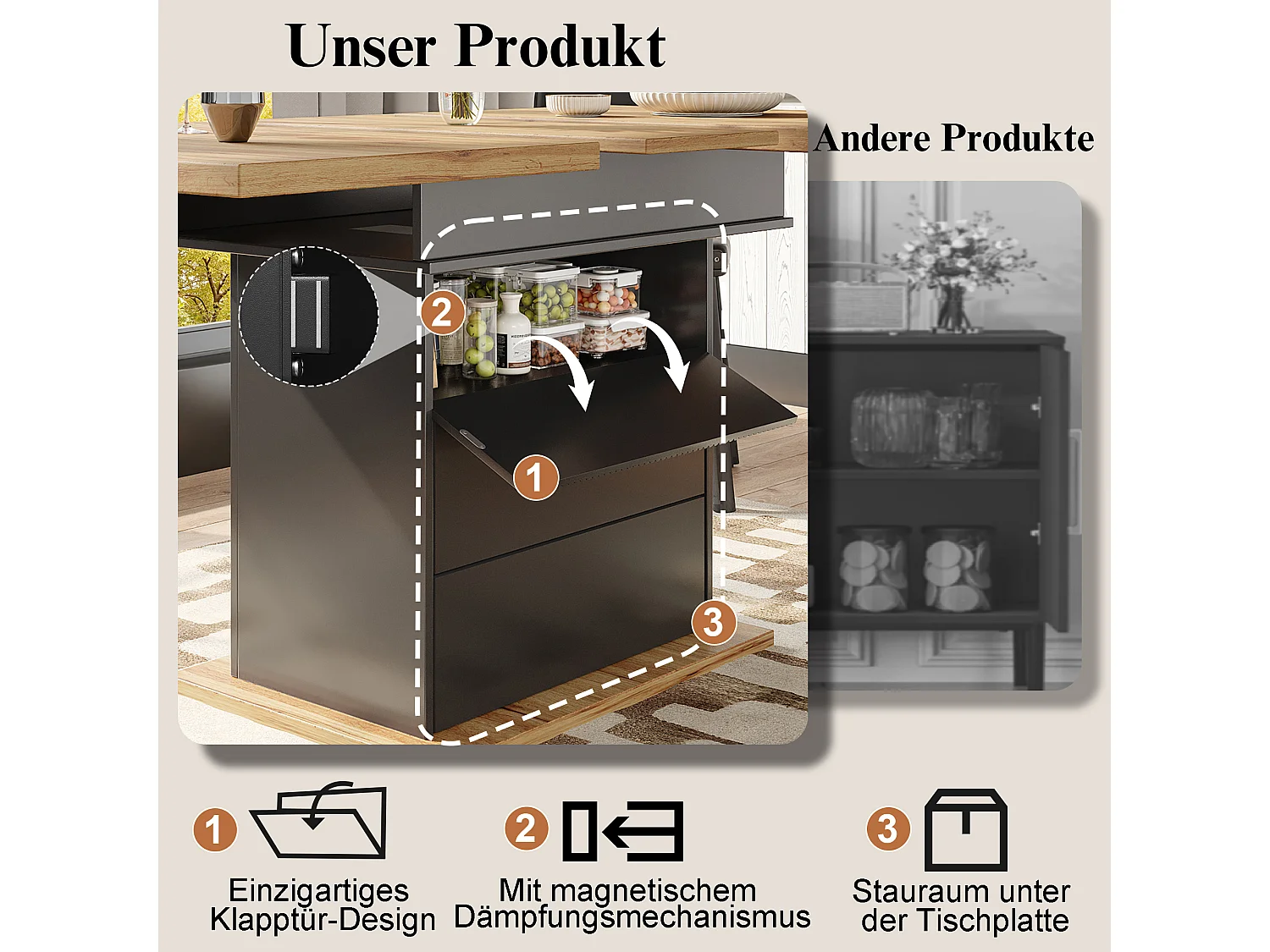 Table de salle à manger extensible (110-140x80cm), table pliable pour 4-6 personnes, avec trois niveaux de rangement, pour cuisine et salon, noir